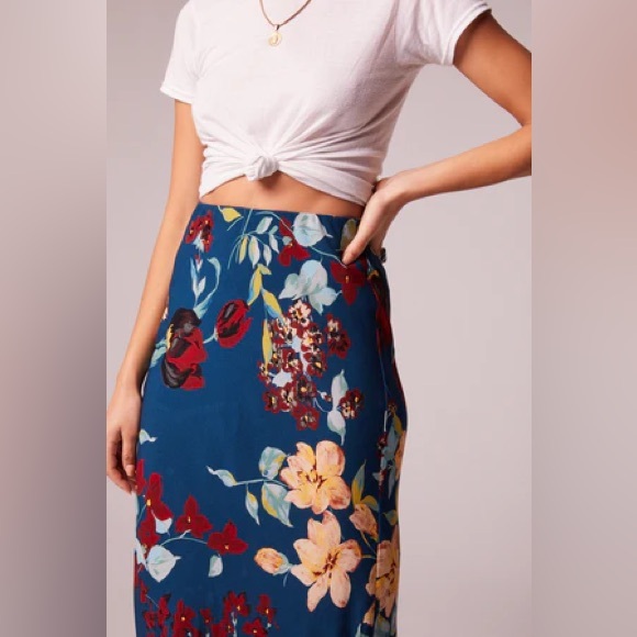 NWT Band Of The Free PISA TEAL FLORAL RUFFLE SLIP SKIRT Bohemian Style Pencil - Picture 2 of 5